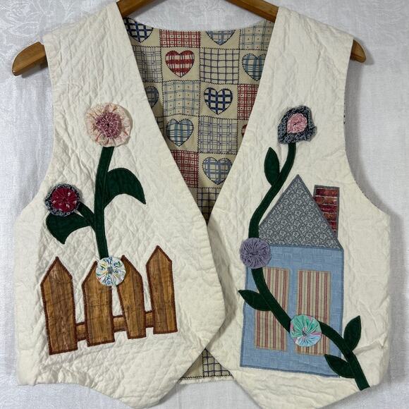 Handmade Jackets & Blazers - Vintage Vest Small Handmade Reversible Quilted Applique Flowers Cottage Grandma